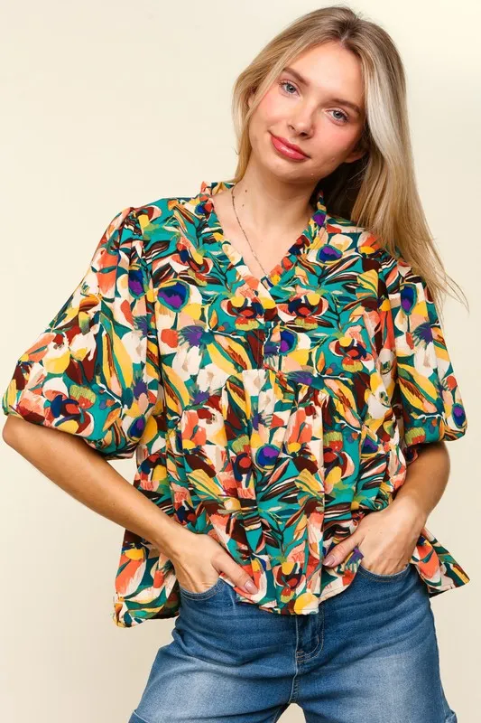Full Size Frill Floral Puff Sleeve Peplum Blouse, image 6