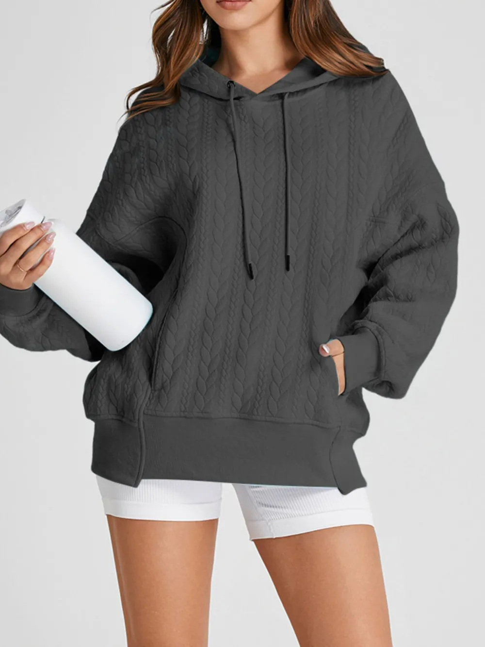Drawstring Textured Baggy Solid Hoodie, image 3