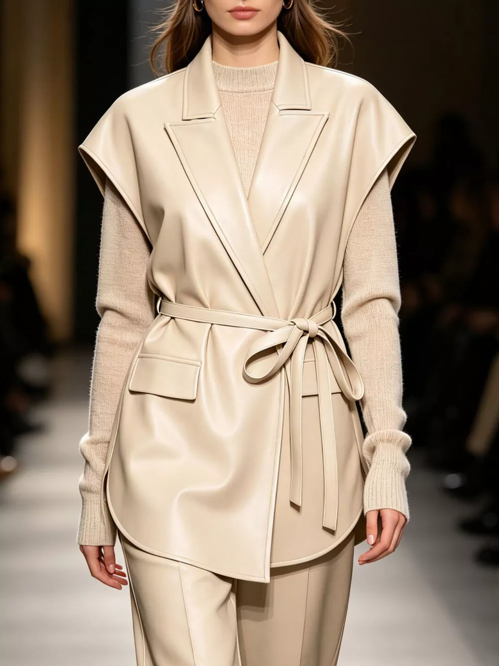 Sleek Faux Leather Belted Vest Coat, image 6