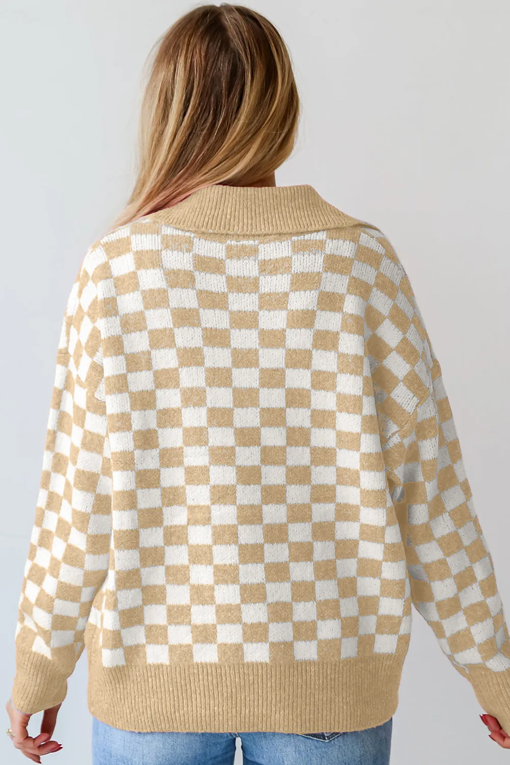 Checkered Collared Neck Long Sleeve Sweater, image 8