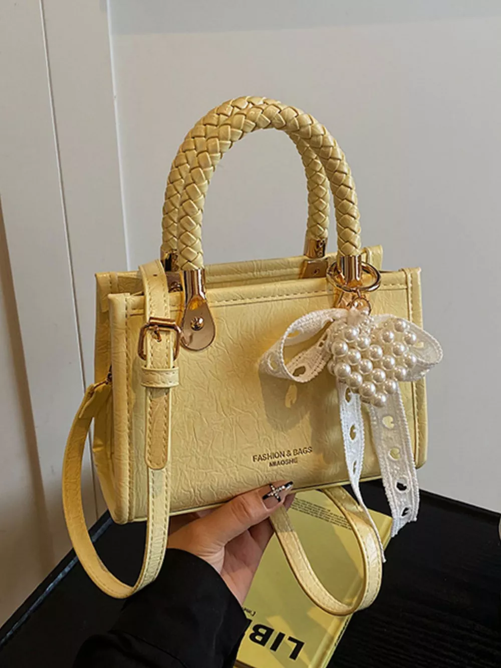 Braided Handle Pearl Decor Crossbody Bag, image 11