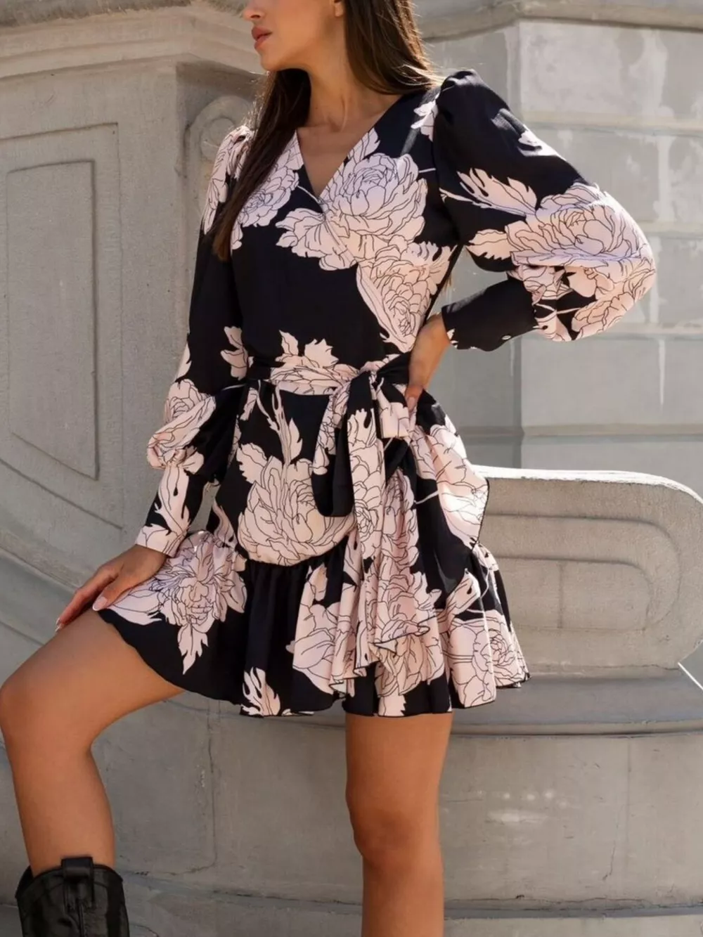 Printed Surplice Long Sleeve Wrap Mini Dress, image 10