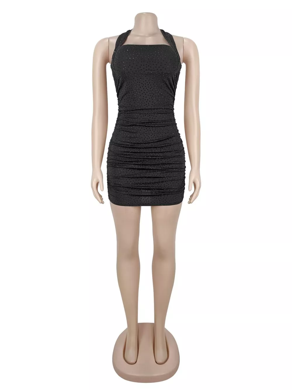 Rhinestone Ruched Halter Neck Bodycon Mini Dress, image 5