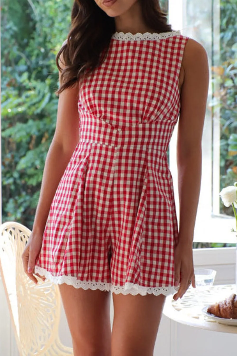 Lace Detail Plaid Sleeveless Romper, image 5
