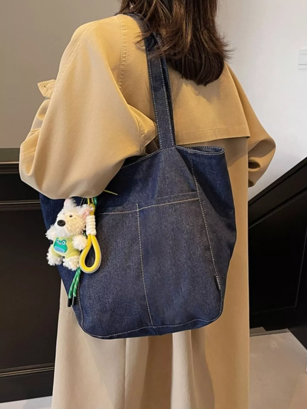 Denim Shoulder Bag with Cute Charm, image 8