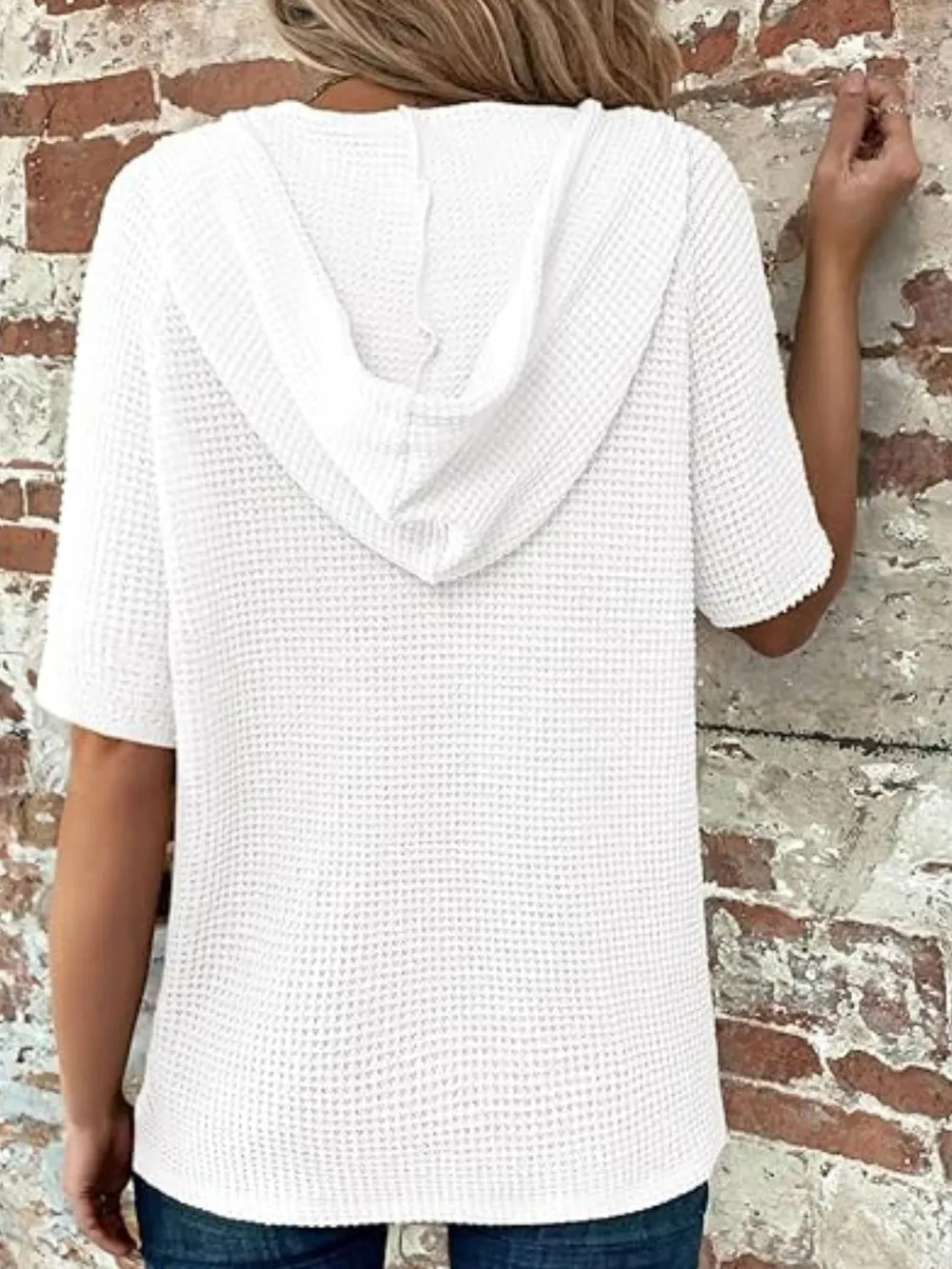Drawstring Waffle-Knit Short Sleeve Hooded Top, image 3