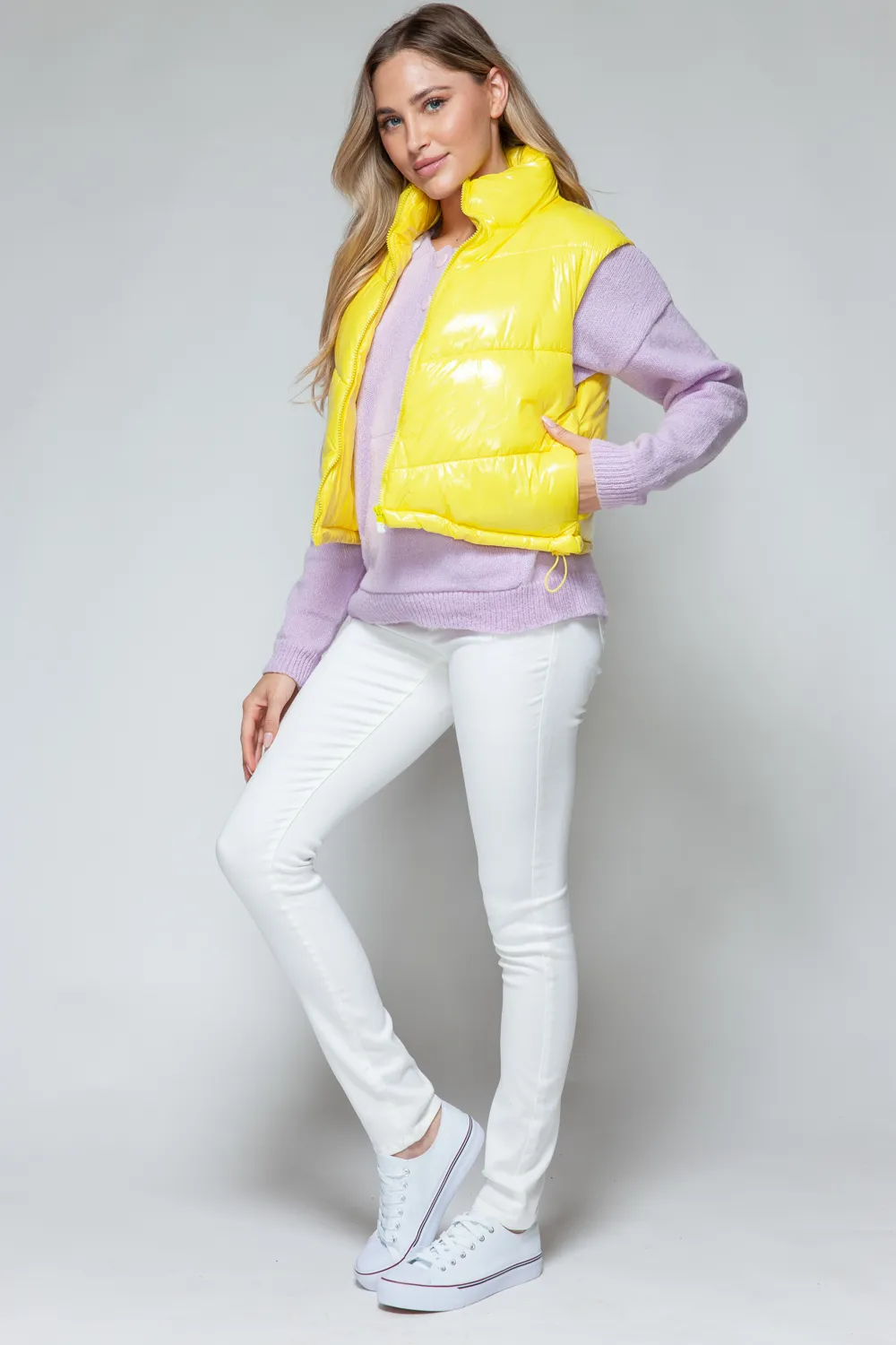 Zip Up Turtleneck Shiny Quilted Vest, image 2