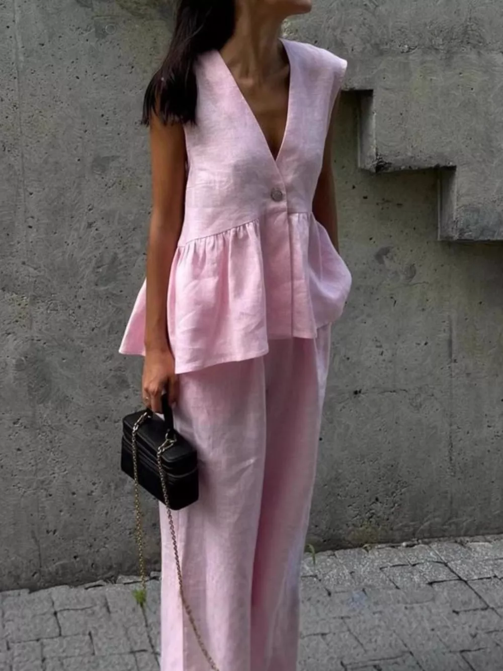 One Button Sleeveless Top and Wide-Leg Pants Set, image 2