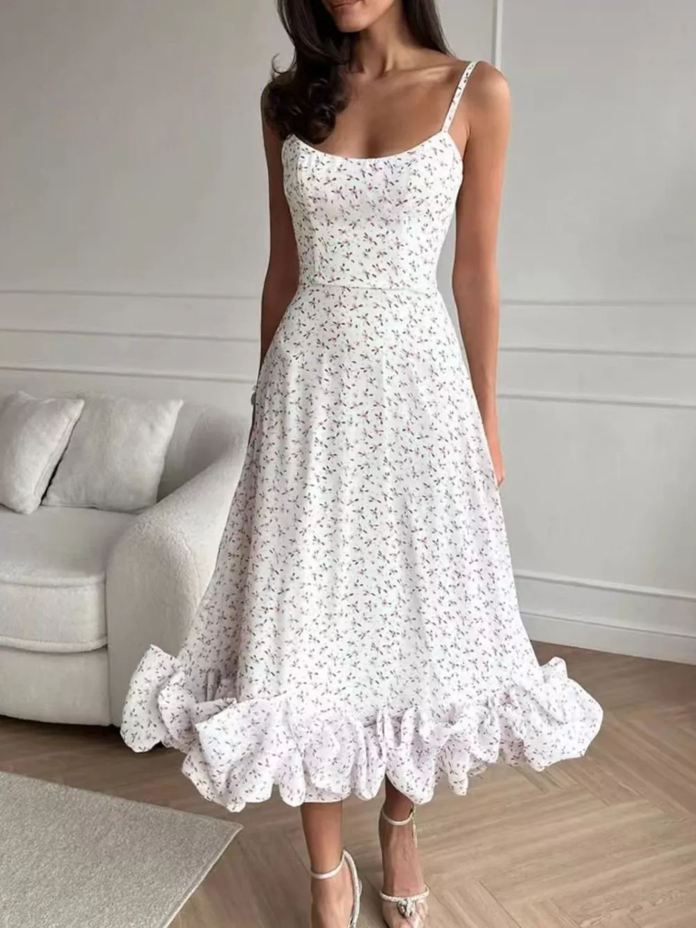 Floral Print Ruffle Hem Spaghetti Strap Midi Dress, image 2