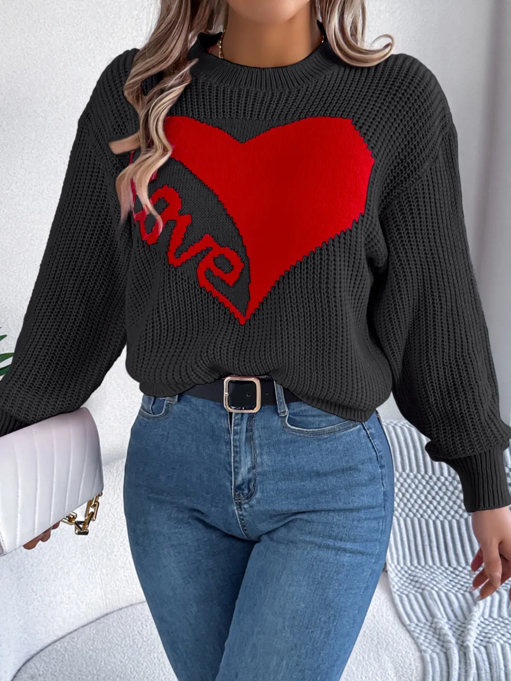 LOVE Heart Round Neck Dropped Shoulder Sweater, image 17
