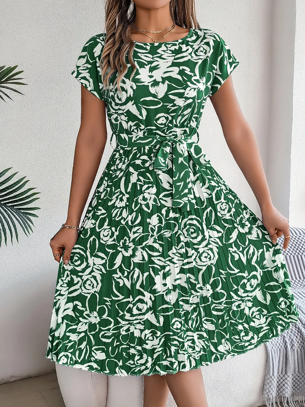 Tied Pleated Printed Short Sleeve Dress, image 14
