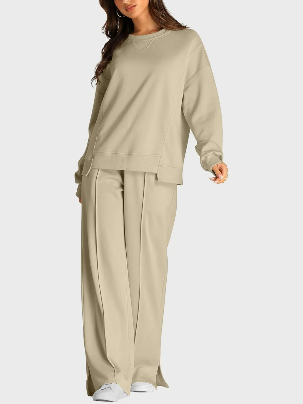Round Neck Long Sleeve Top and Slit Pants Set, image 4