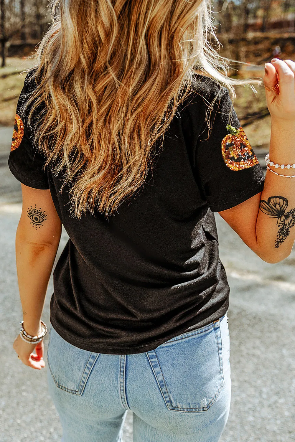 Sequin Pumpkin Round Neck Short Sleeve T-Shirt, image 2