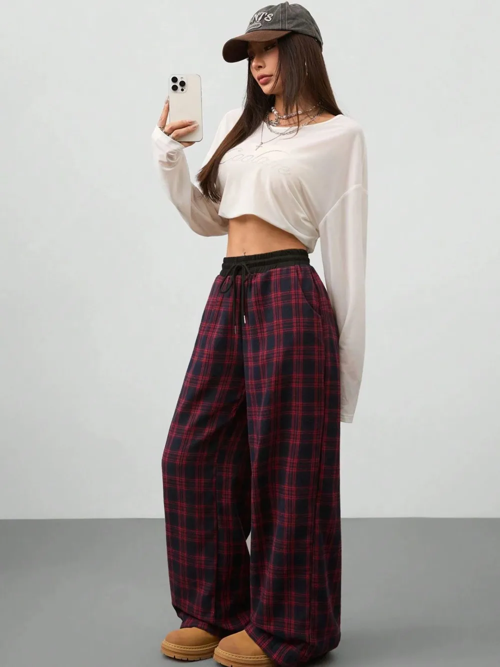 Plaid Wide Leg Pants with Drawstring Waist, image 5