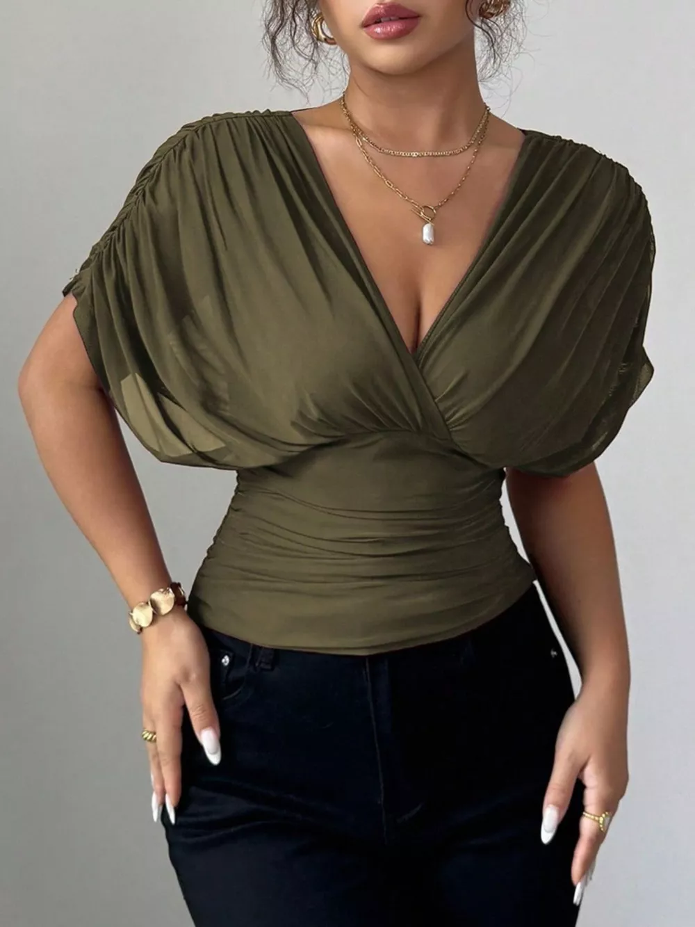 Ruched Surplice Short Sleeve Top, image 4