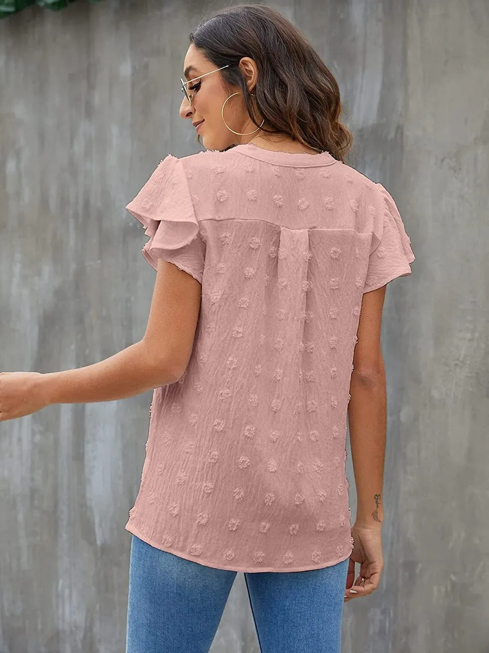 Swiss Dot Notched Flutter Sleeve Blouse, image 5