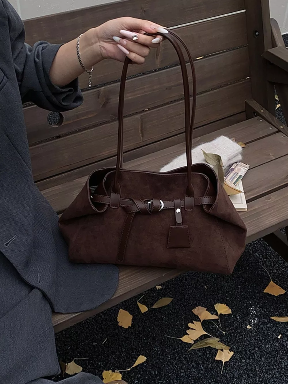 Suede Decorative Belt Buckle Shoulder Bag, image 5