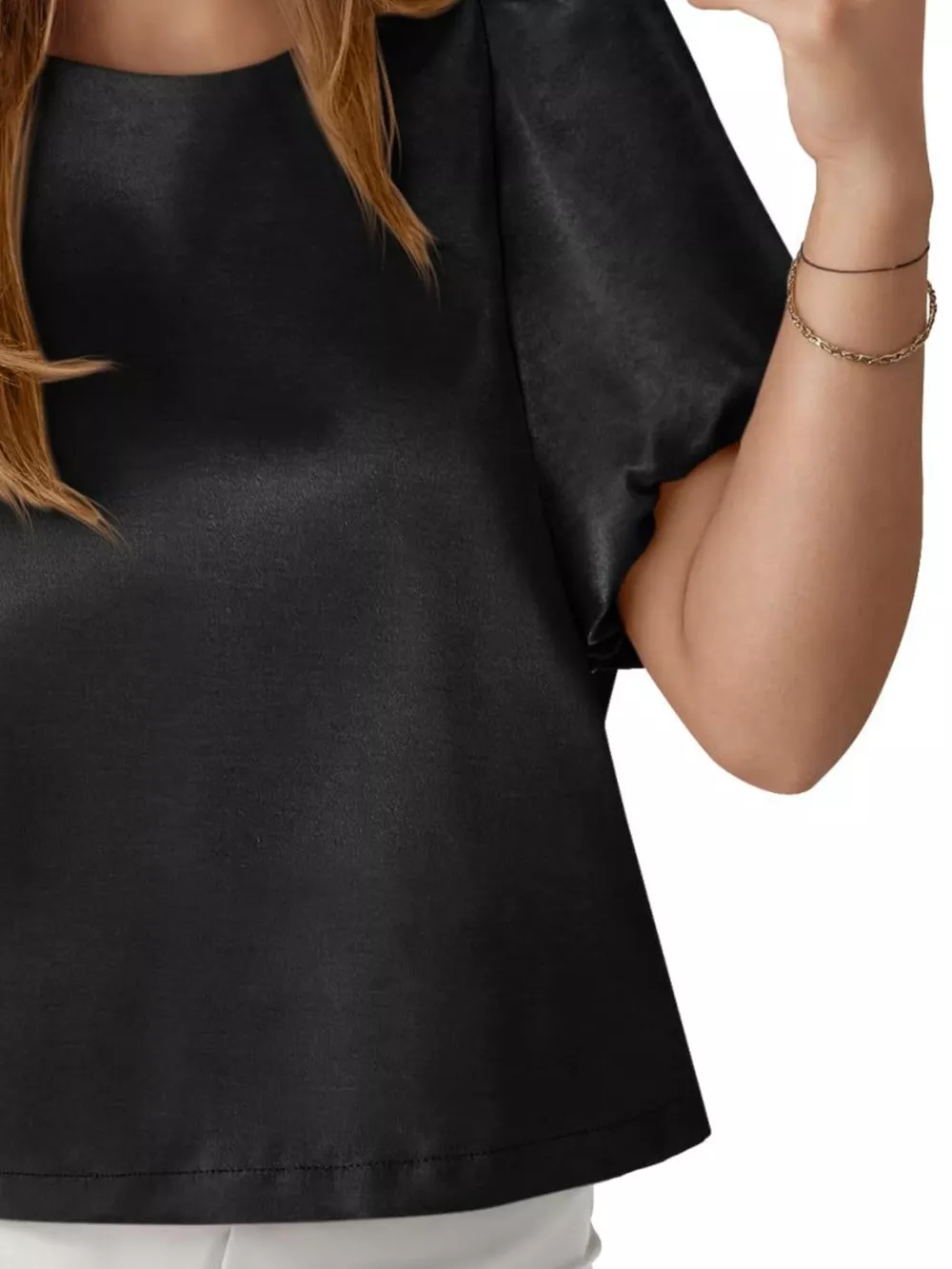 Round Neck Puff Sleeve Satin Top, image 18