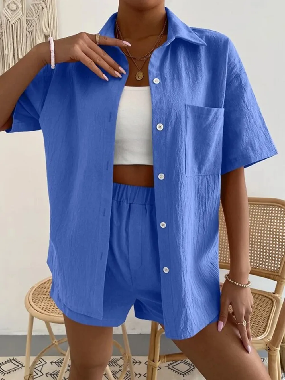 Button Up Short Sleeve Shirt and Shorts Set, image 8