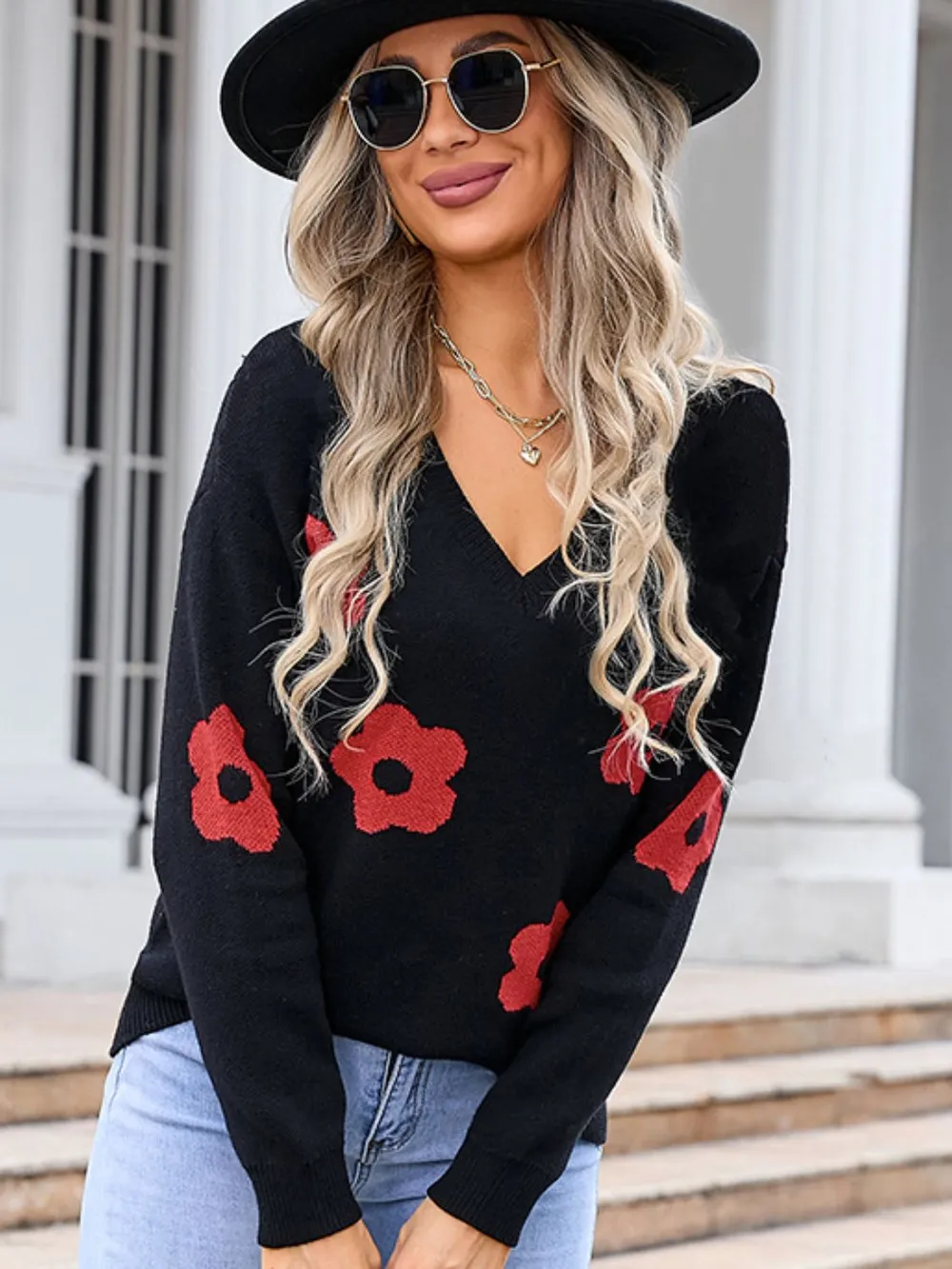 Flower V-Neck Long Sleeve Sweater, image 10