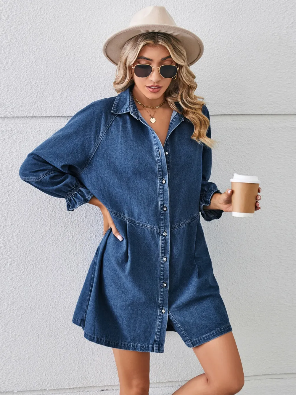 Button Up Flounce Sleeve Mini Denim Dress, image 3