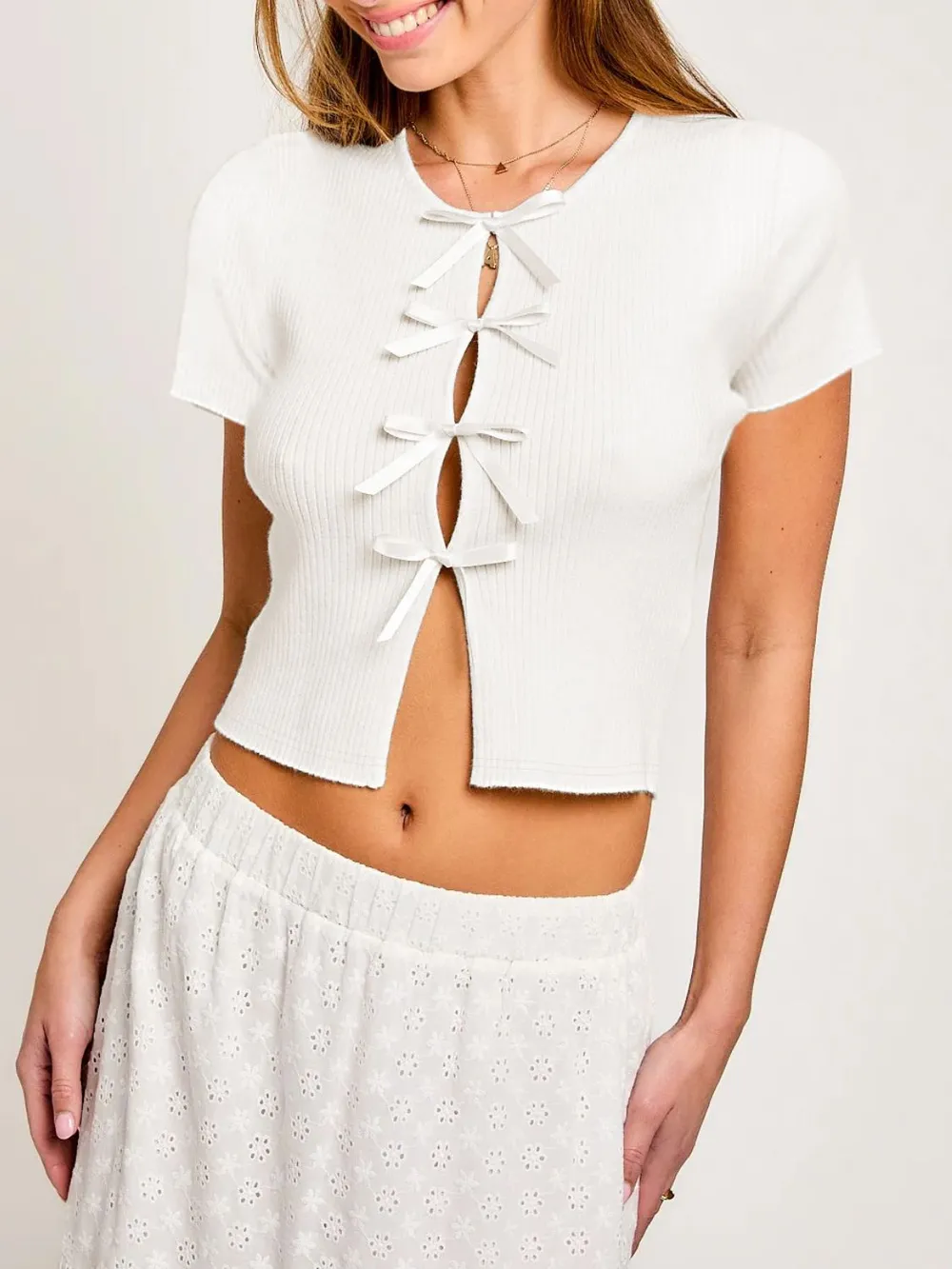 Bow Round Neck Short Sleeve T-Shirt, image 4