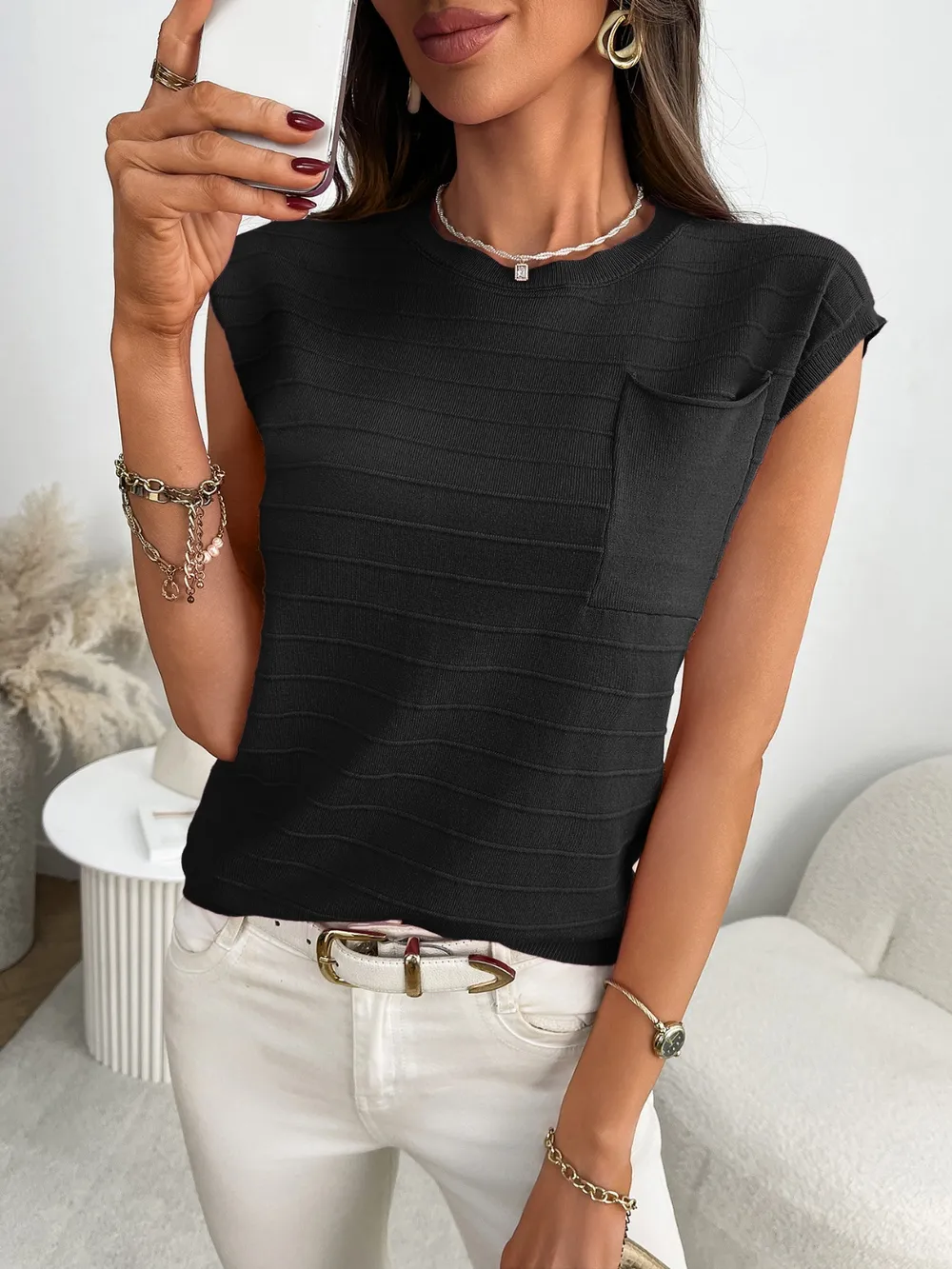 Round Neck Cap Sleeve Knit Top, image 7