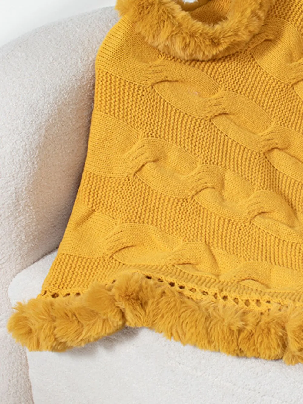 Fuzzy Hem Cable-Knit Poncho, image 9