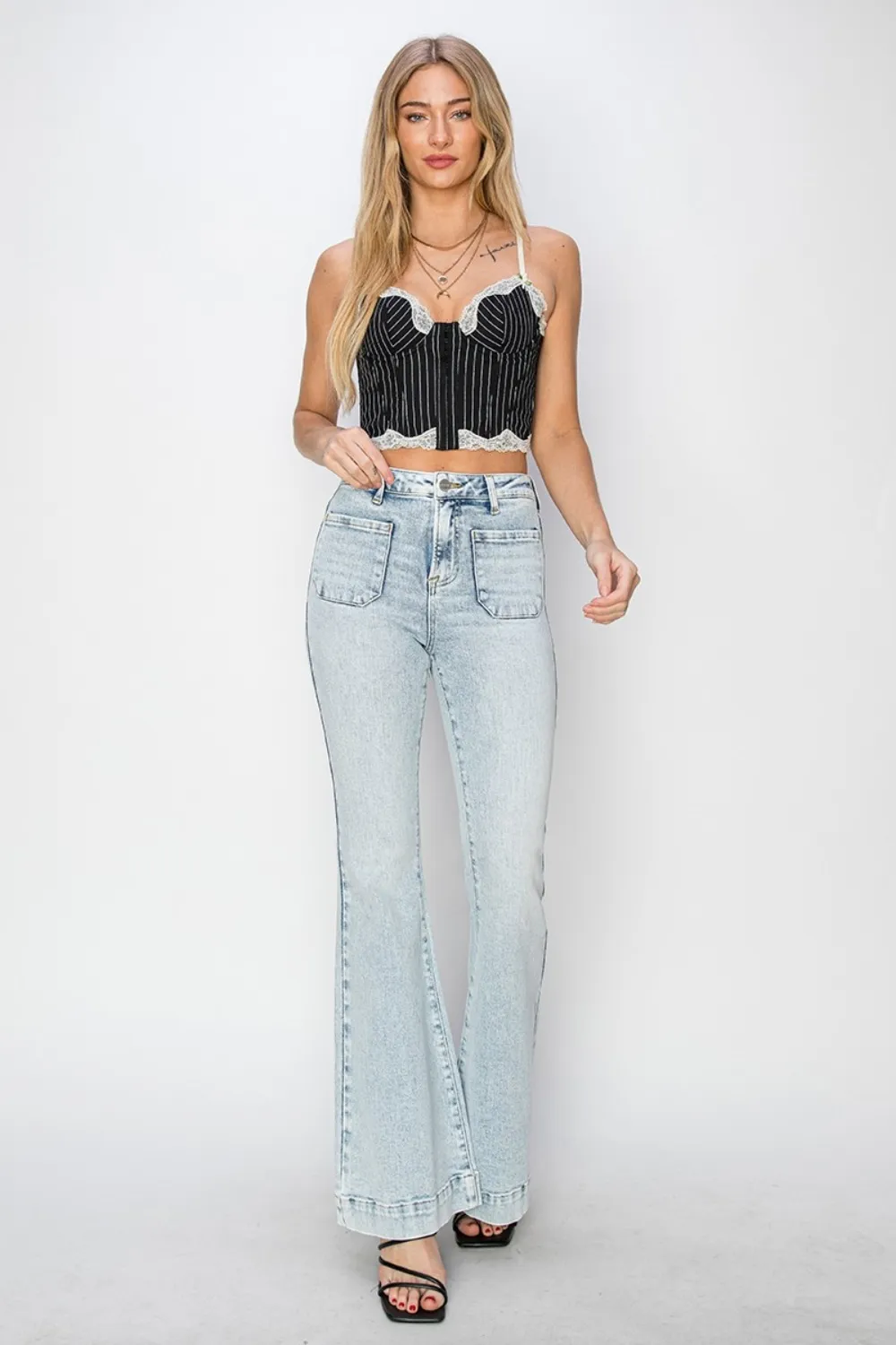 Full Size High Rise Front Patch Pocket Flare Jeans, image 3