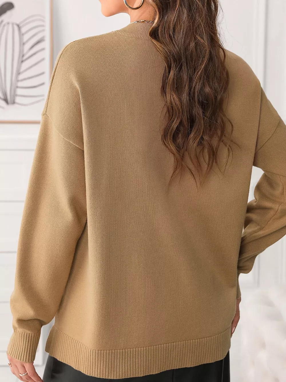 Center Seam Drop Shoulder Pullover Solid Sweater, image 2