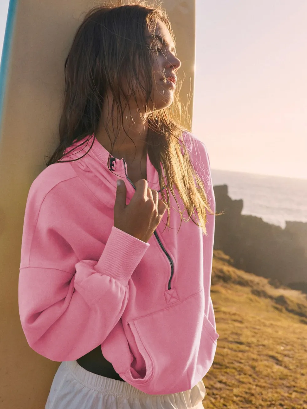 Half Zip Pocketed Dropped Shoulder Hoodie, image 10