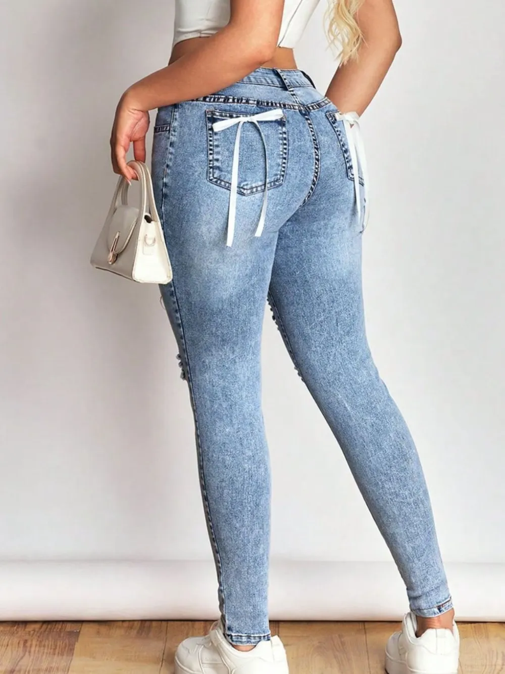 Distressed Skinny Jeans with Bow Back, image 5