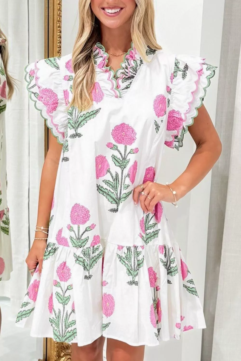 Floral Print Ruffle Trim Casual Mini Dress, image 2