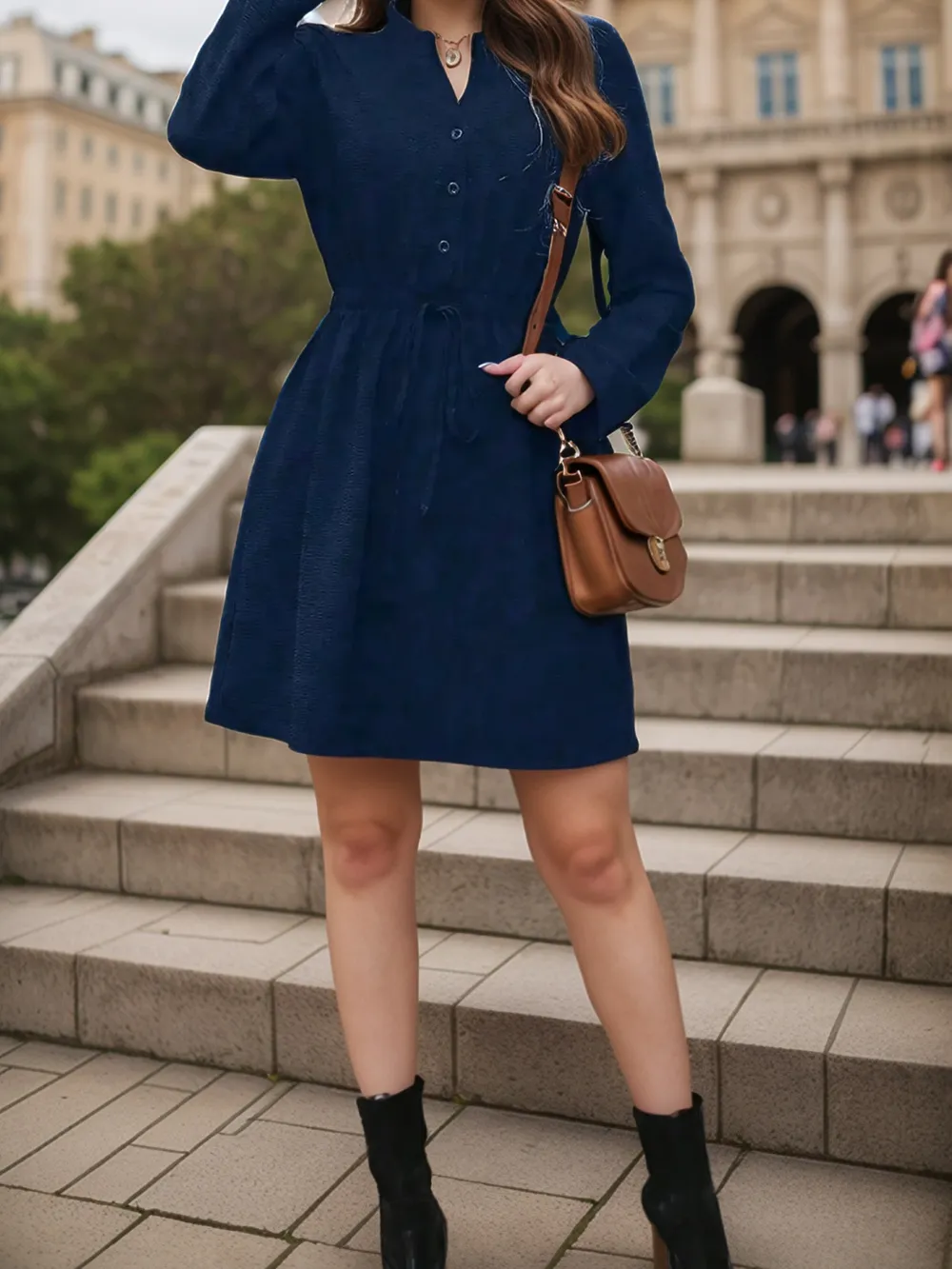 Drawstring Waist Notched Long Sleeve Dress, image 3