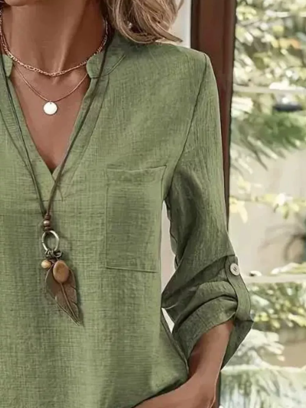 Casual V-Neck Roll-Sleeve T-Shirt with Pocket, image 12