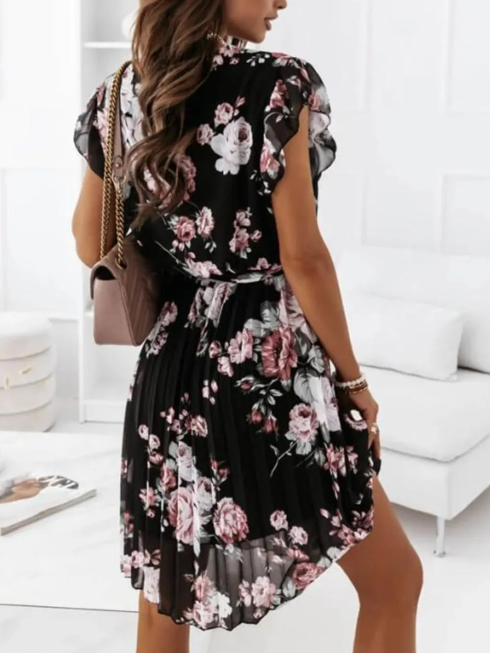 Floral Surplice Ruffled Cap Sleeve Dress, image 3