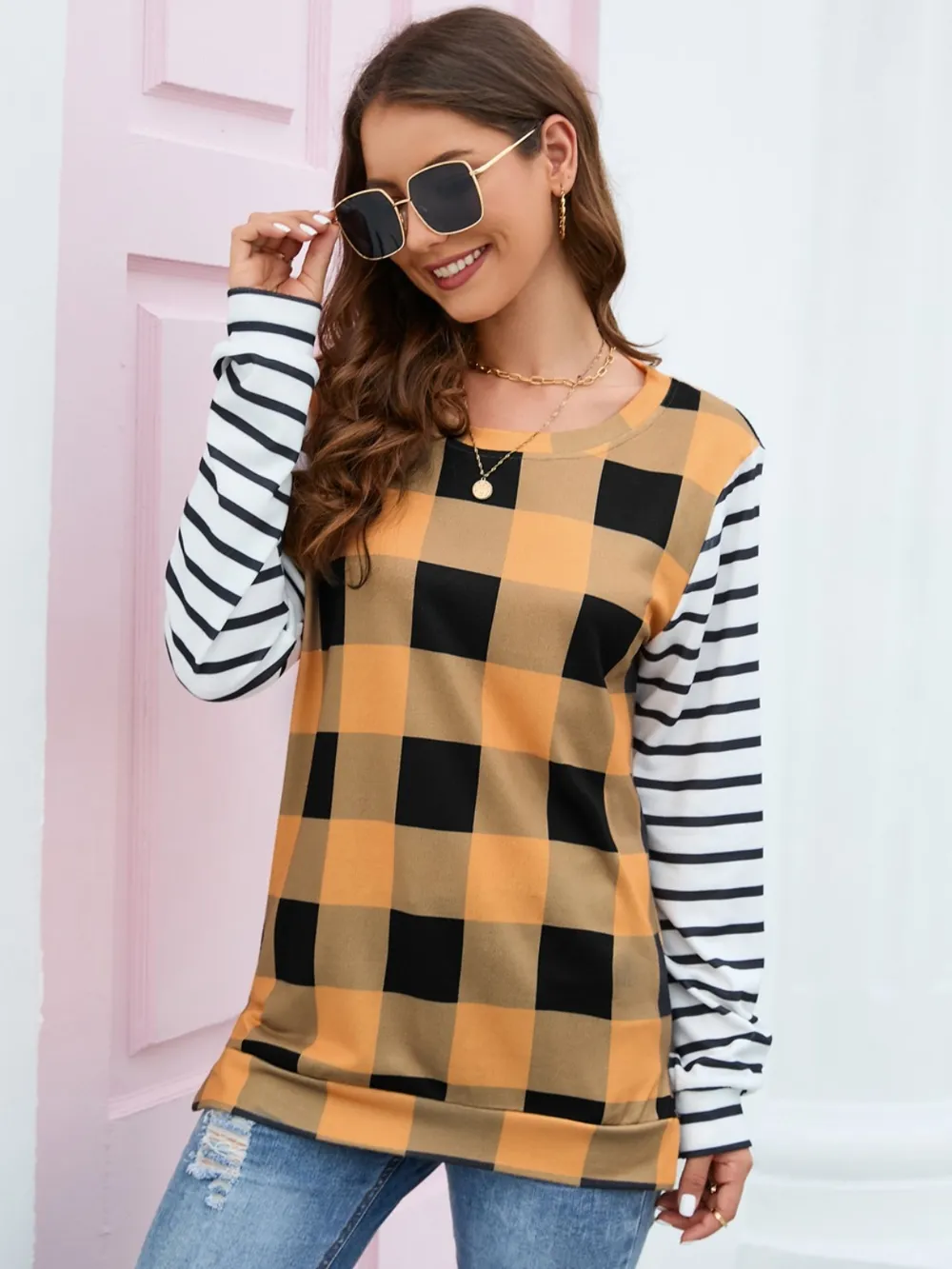 Plaid Striped Round Neck Long Sleeve T-Shirt, image 8