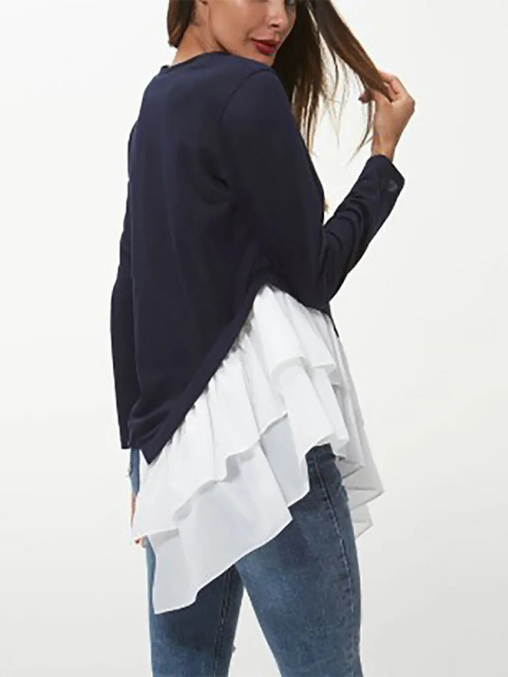 Tiered Contrast Round Neck Long Sleeve T-Shirt, image 2