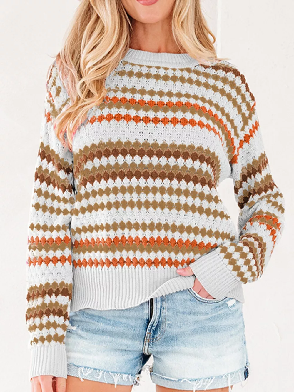 Stripe Eyelet Patterned Drop Shoulder Sweater