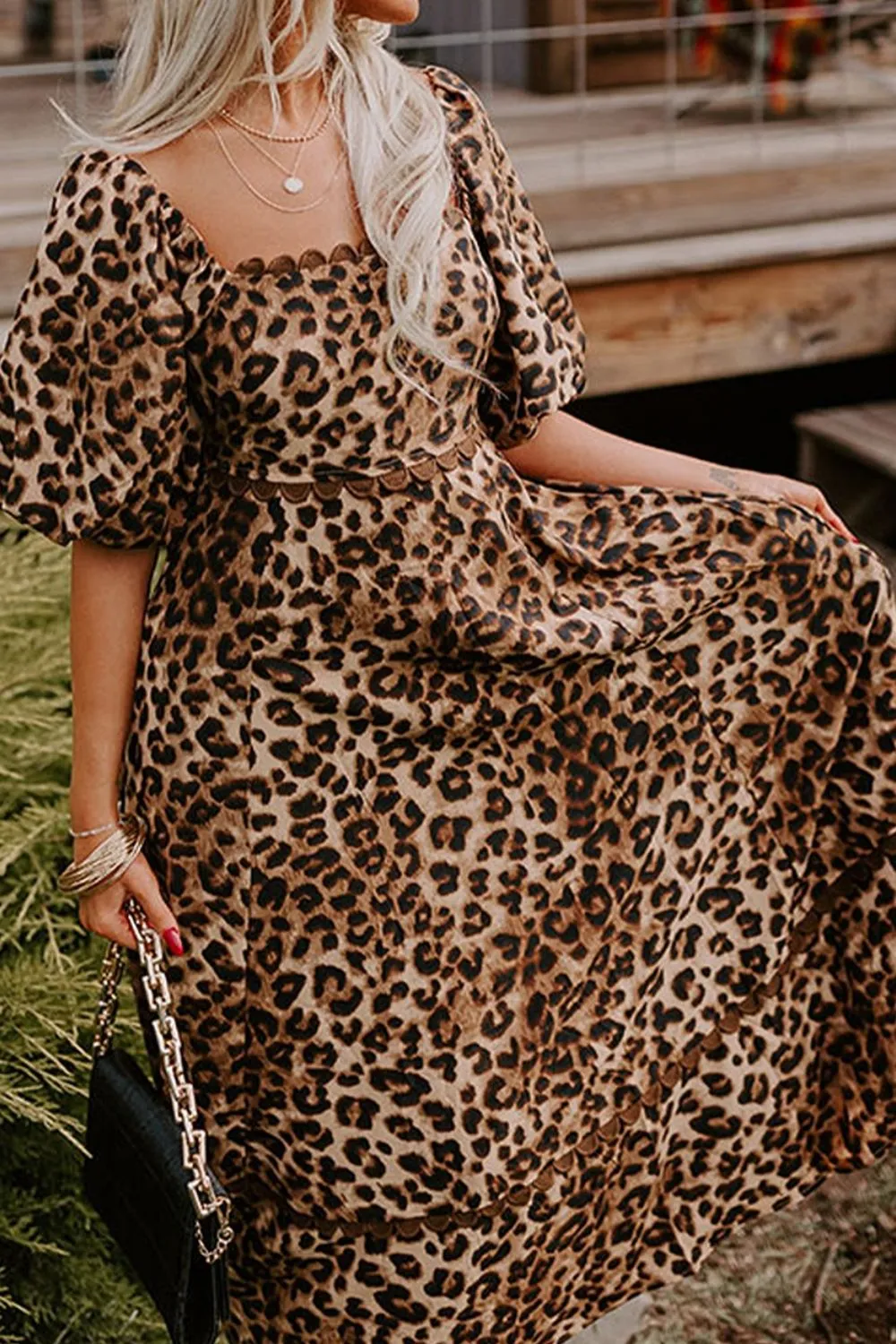 Leopard Square Neck Puff Sleeve Maxi Dress, image 2