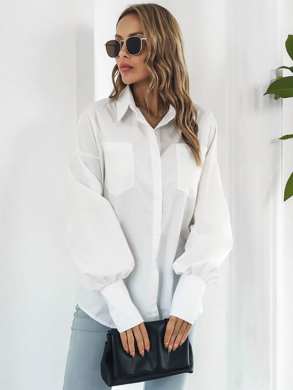 Button Up Dropped Shoulder Lantern Sleeve Shirt, image 10