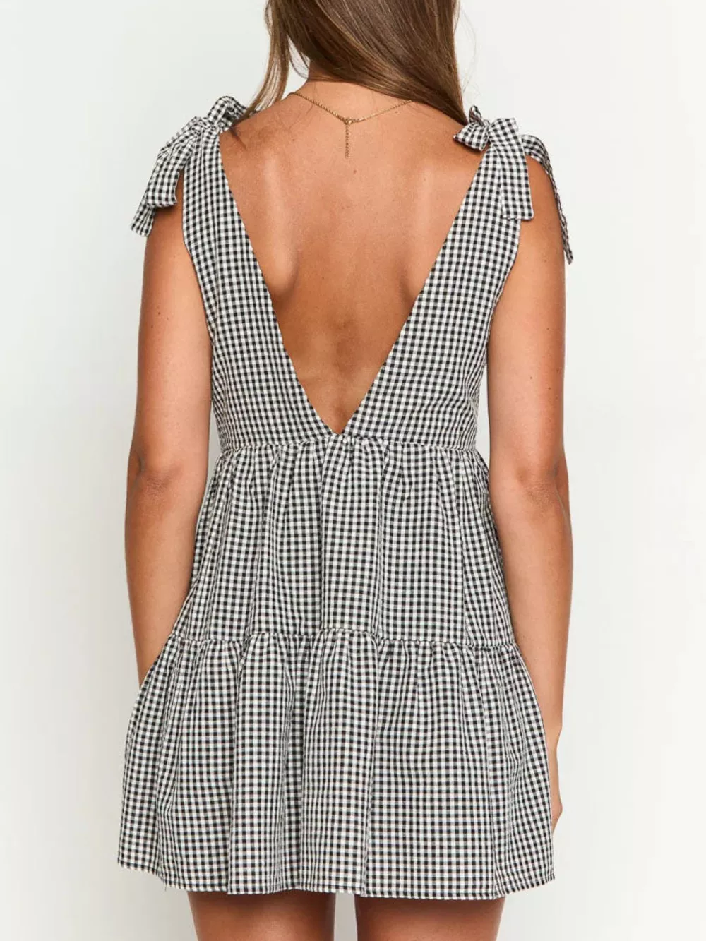 Gingham Tie-Shoulder Mini Dress, image 2