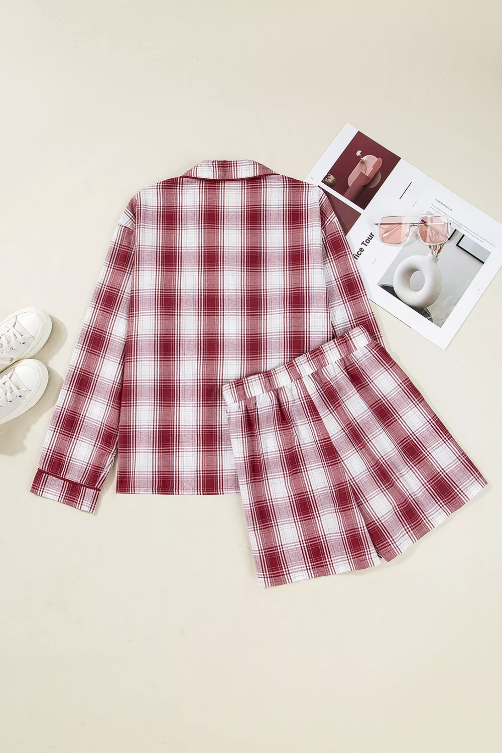 Plaid Long Sleeve Shirt and Drawstring Shorts Lounge Set, image 3