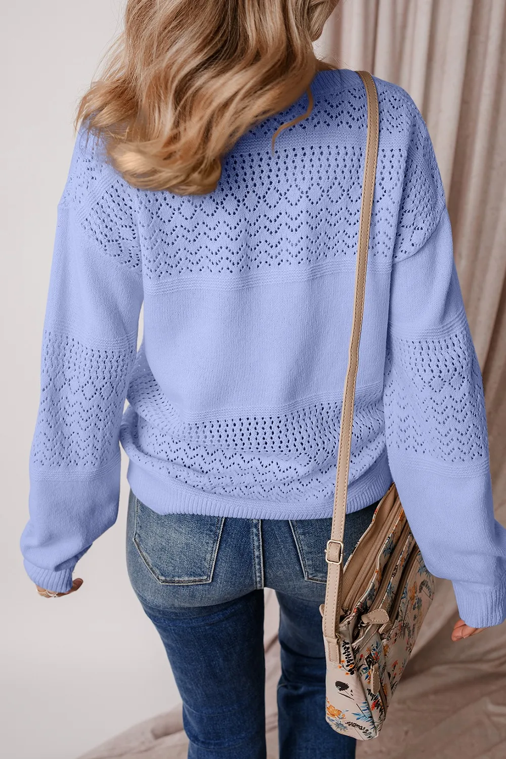 Openwork V-Neck Long Sleeve Sweater, image 2