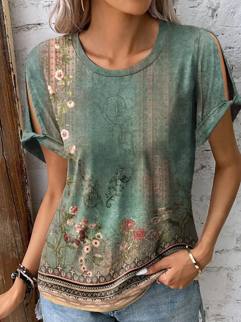 Printed Round Neck Short Sleeve T-Shirt, image 2