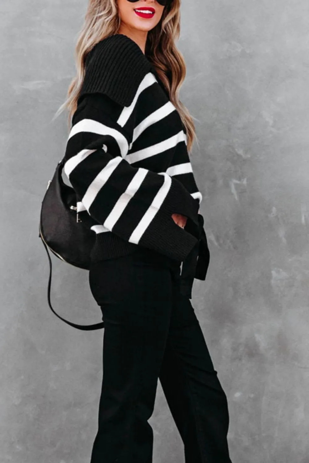 Striped Johnny Collar Long Sleeve Sweater, image 2