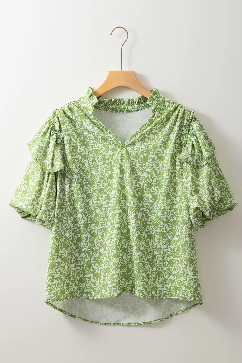 Floral Ruffle Puff Short Sleeve Frilled Notched Blouse, image 2