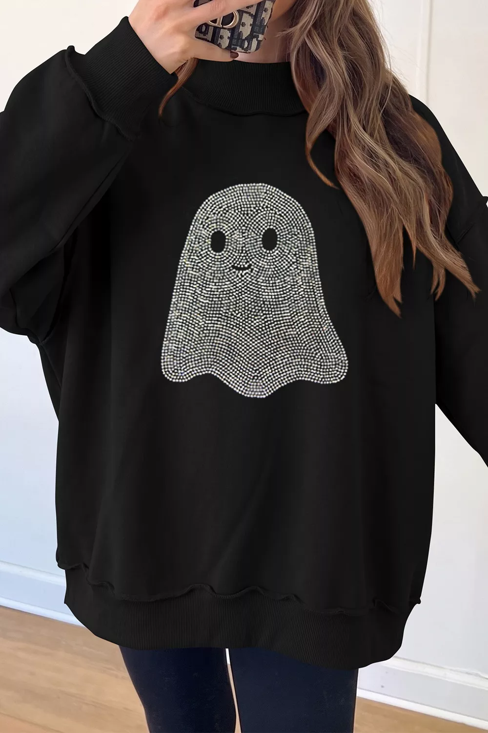 Rhinestone Ghost Exposed Seam Mock Neck Halloween Sweatshirt