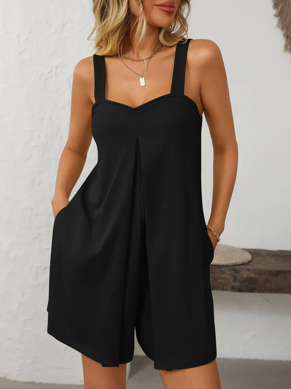 Sweetheart Neck Wide Strap Romper with Pockets, image 5