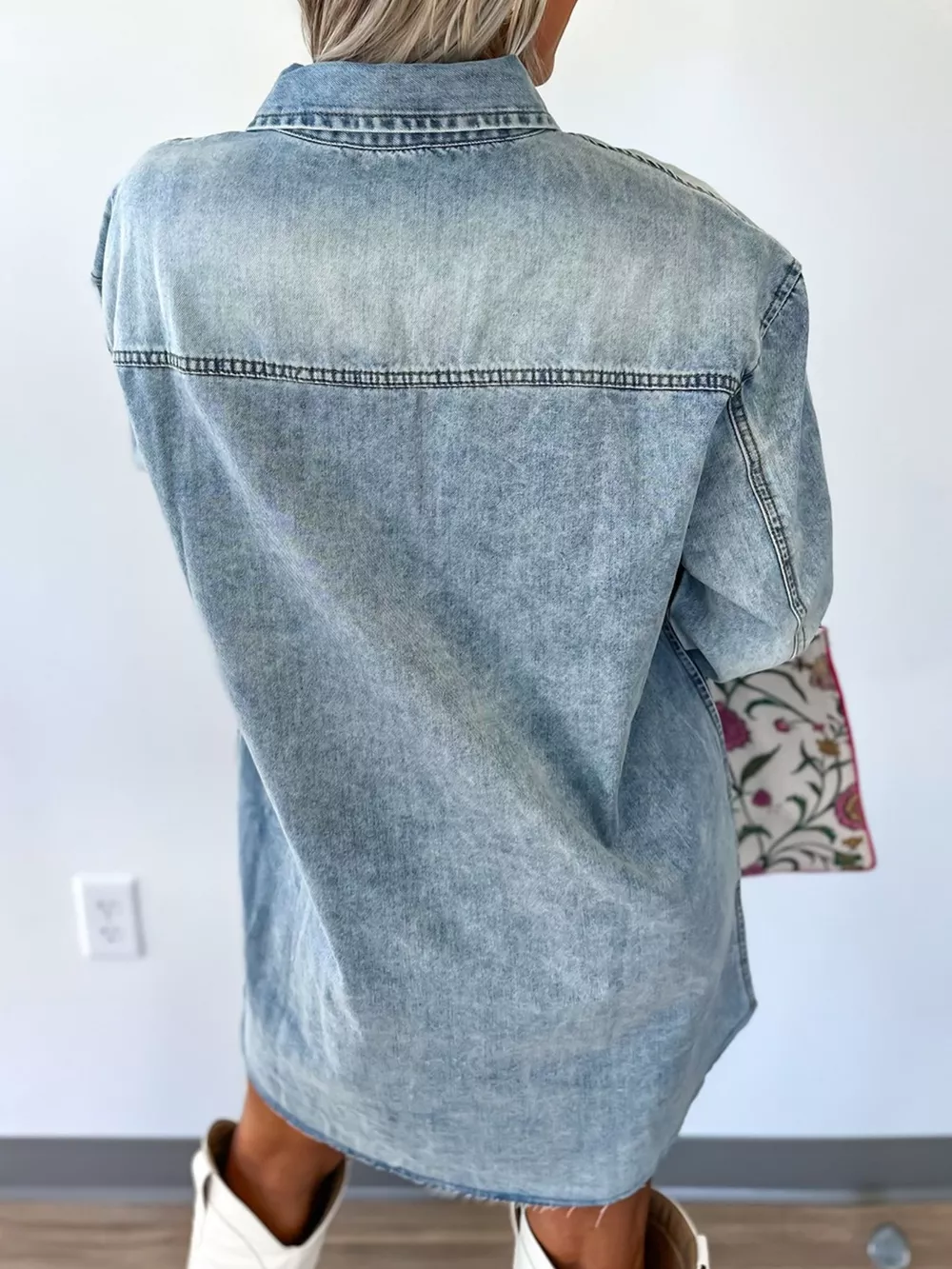 Chest Pocket Raw Hem Denim Loose Shirt Dress, image 2